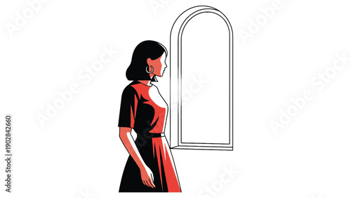 Woman gazing through window vector portrait conveying introspective mood, lifestyle branding and editorial illustration for wellness, fashion and mental health campaigns