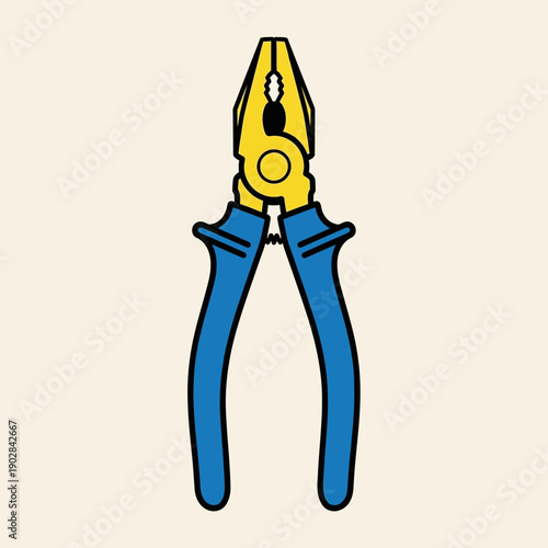 Flat illustration of blue and yellow pliers against a beige background