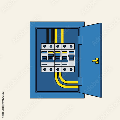 Open electrical panel box with circuit breakers and yellow wires