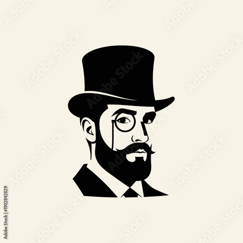 Elegant Gentleman with Top Hat and Monocle Portrait Illustration.