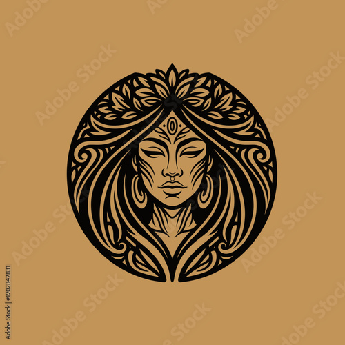 Elegant Goddess Face with Ornate Hair and Third Eye in Circular Design.