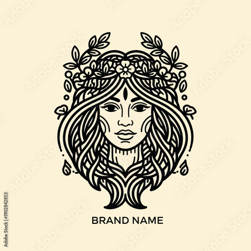 Elegant Goddess Logo with Floral Crown and Flowing Hair.