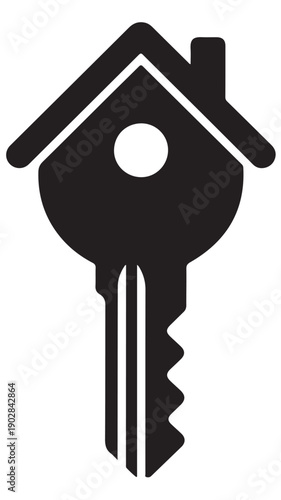 Minimalist black and white icon featuring a key with a house-shaped head, symbolizing home ownership, real estate access, and property security in a clean, modern design for various applications