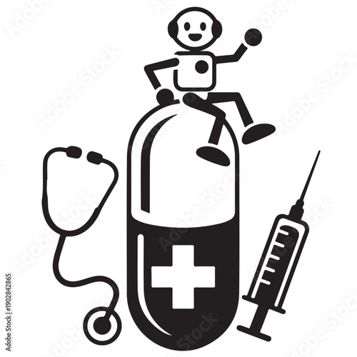 Minimalist black and white logo cheerful robot on a medical capsule with stethoscope and syringe, symbolizing health, wellness, and medical technology