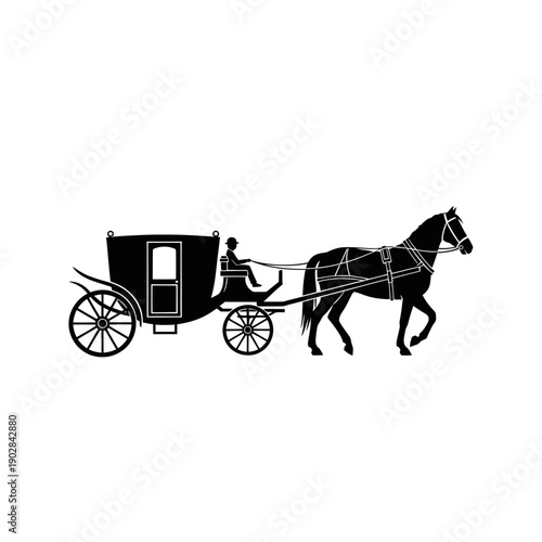 Elegant Horse-Drawn Carriage Silhouette on White Background.