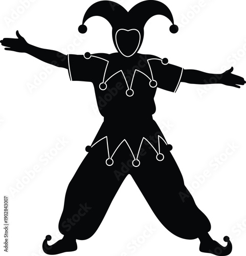 Black jester silhouette character with open arms, carnival clown costume illustration, theatrical performer concept, medieval fool icon, vector graphic isolated on white background