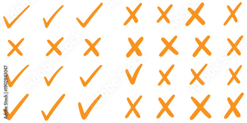 Check tick mark icon set, hand drawn doodle red cross box x check mark green checkbox v, sketch marker checklist symbol right and wrong set - for stock