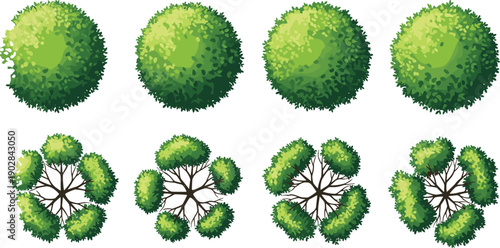 Green tree canopy top view set, lush round bushes and stylized foliage collection illustration isolated on white background for landscape design, map assets
