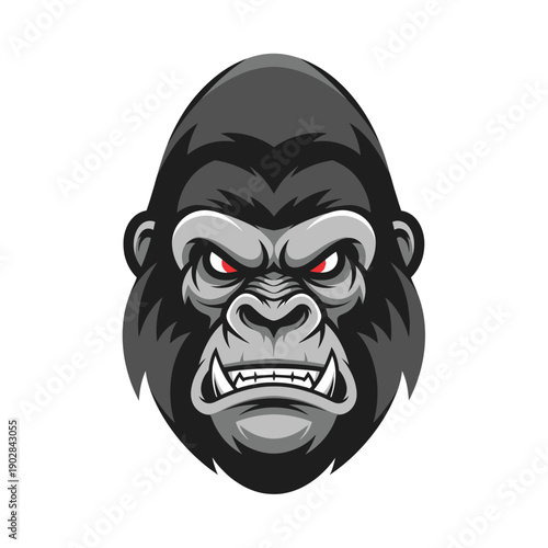 Fierce Gorilla Head Illustration with Red Eyes and Bared Teeth.