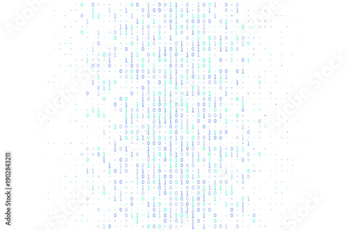 Abstract digital background featuring blue and teal binary code zeros and ones on a white surface. Concept of computer programming, data processing, and information technology.