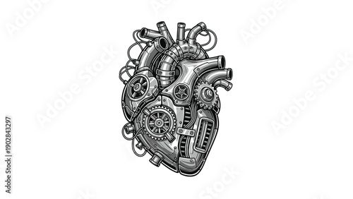 Detailed mechanical heart illustration merging anatomical accuracy and industrial steampunk elements to represent medtech design, patentable biosensor innovation and investor pitch visuals