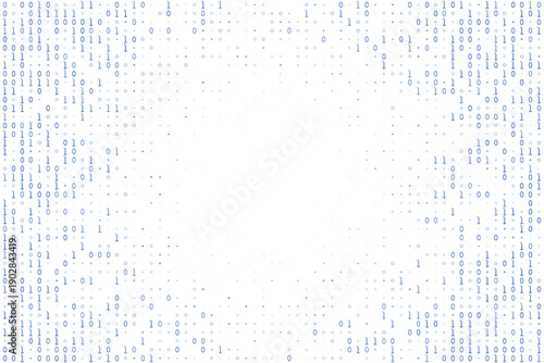 Abstract binary code background with blue zeros and ones on white surface. Digital technology concept with data stream and information flow in a circular pattern.