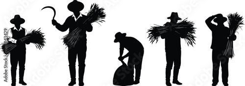 Set of farmer silhouettes carrying crops and tools isolated on white background, agricultural workers collection for rural life, harvest concept, farming vector illustration and branding