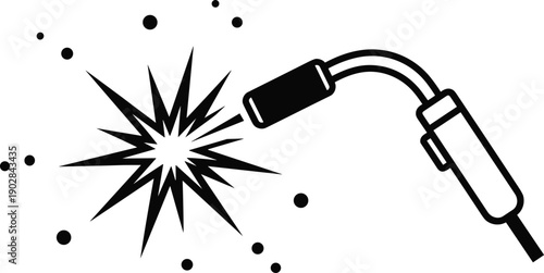 Welding torch with bright spark silhouette isolated on white background, industrial metalwork concept for construction design, manufacturing safety illustration, engineering icon, workshop graphic, 