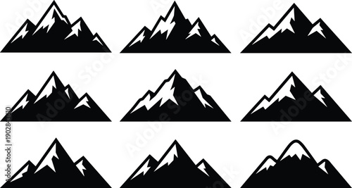 Collection of bold black mountain silhouettes isolated on white background, minimalist alpine landscape set for outdoor branding, travel logos, adventure icons, vector illustration, and modern 