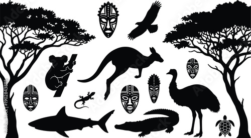 African wildlife silhouette vector collection featuring kangaroo, koala, emu, crocodile, shark, turtle, birds, lizard, tribal masks and savanna trees for safari logo, nature branding projects
