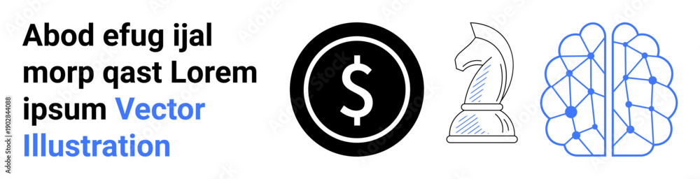 Obraz premium Business planning, financial strategy, artificial intelligence, machine learning, decision-making, and innovation. Dollar symbol, chess knight and neural network. Financial strategy and AI ion