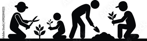 Family gardening silhouette illustration depicting parents and children planting seedlings together, promoting environmental education, sustainability, teamwork, eco friendly lifestyle, 