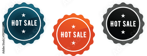 Hot Sale badge set with round scalloped seals, promotional discount labels in black, orange and teal, retail ecommerce price tag stickers for marketing, web and print, branding templates kit