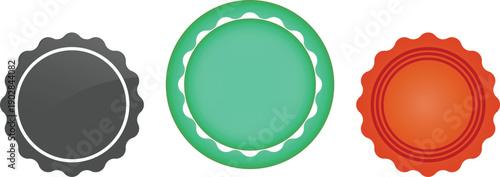 Set of three round seal badges in gray, green, and orange; blank award labels with scalloped edges; glossy sticker medallions for branding, discounts, certificates, and UI icon templates kit