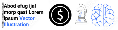 Business planning, financial strategy, artificial intelligence, machine learning, decision-making, and innovation. Dollar symbol, chess knight and neural network. Financial strategy and AI ion