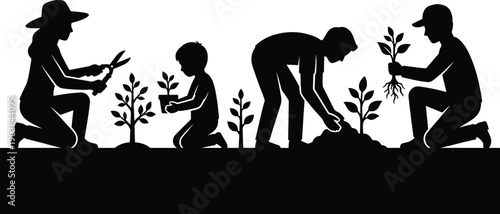 Family gardening silhouette illustration showing parents and children planting seedlings together, environmental education concept for sustainability, teamwork, community, agriculture, ecology,
