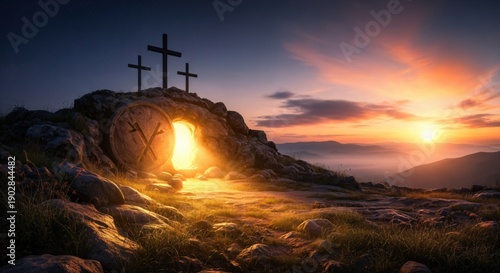 Empty tomb of Jesus Christ with three crosses on the hill at sunrise. Resurrection of Jesus with bright light from the cave. Christian Easter religious background.