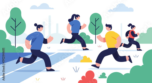 Group of People Running Outdoor in Park for Fitness