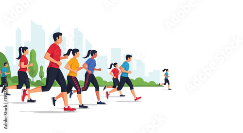 Crowd Running in City Park During Fitness Event