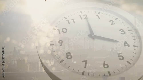 Starting with sun glare, translucent clock face rotating hands clockwise, visualizing passing time