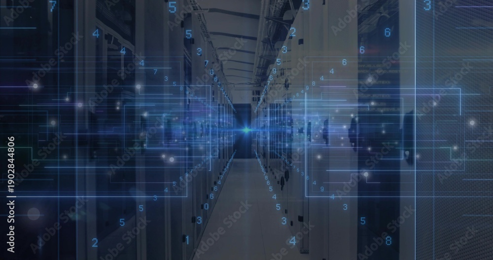 Fototapeta premium Showing central aisle extending inside data center, with server racks, holographic overlays, LEDs