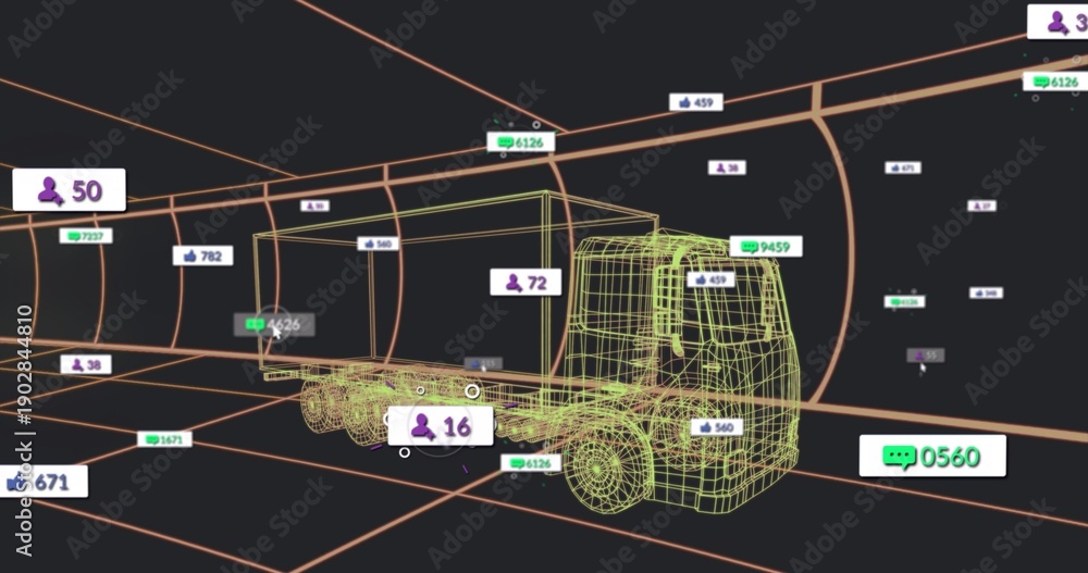 Fototapeta premium Displaying wireframe flatbed truck rotating inside orange grid tunnel with floating data badges
