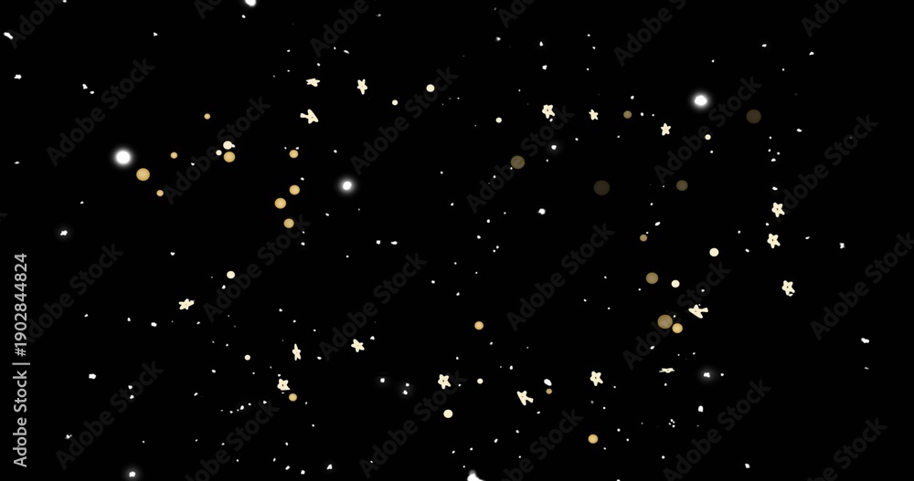 Fototapeta premium Glittering particles floating on black field, with white points, gold bokeh and cream star motifs
