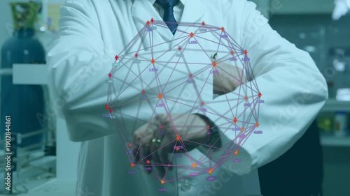 Senior researcher adjusting watch in lab, causing network to rotate over chest, showing health data