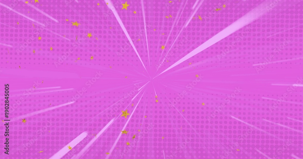 Fototapeta premium Radiating central magenta burst sending white streaks on backdrop with gold stars and halftone dots