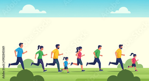 Family Jogging in Park on Sunny Day with Green Pasture