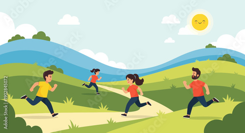 Family Playing Running Outdoors in Scenic Landscape