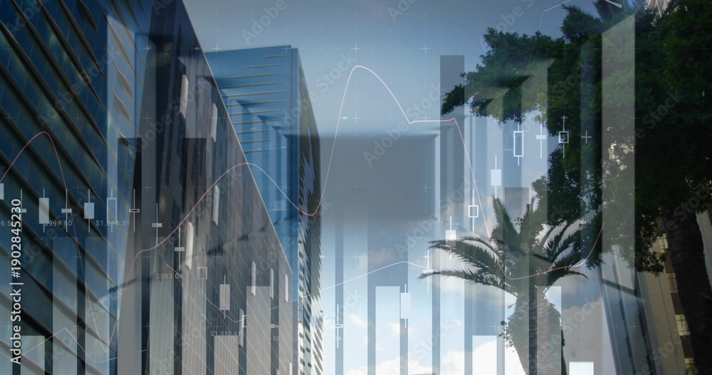 Fototapeta premium Framing glass steel towers blending with candlestick charts downtown, with palm tree canopy