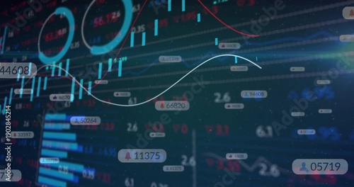 Photography Showing dark trading panel with blue candles, white MA curve, red line, histogra