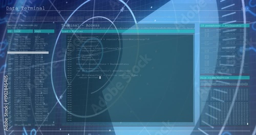 On access terminal activating, filling monospace code showing access while radar HUD rotating