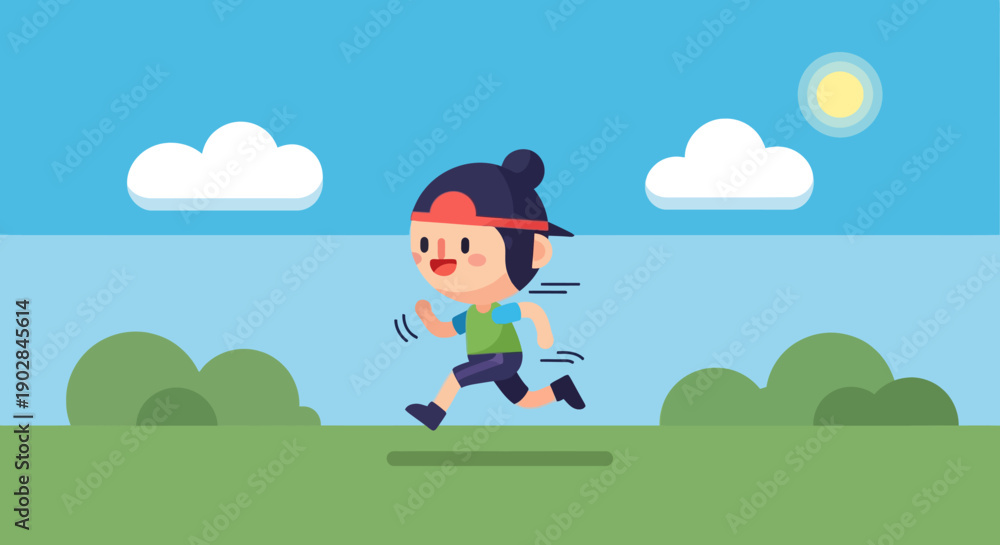 Fototapeta premium Cute Cartoon Girl Running Outdoors Under Bright Sun