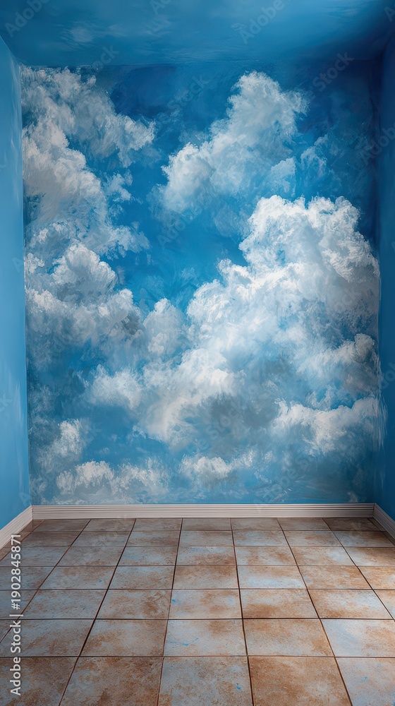 custom made wallpaper toronto digitalRoom Interior with Sky and Clouds Wall Painting Featuring Blue Walls, Rustic Tile Floor, Artistic Atmosphere, and Peaceful Tranquility