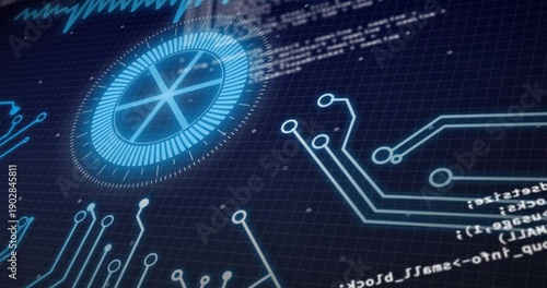 Rotating HUD dial occupying left on dark grid plane, showing neon-blue traces, connector nodes