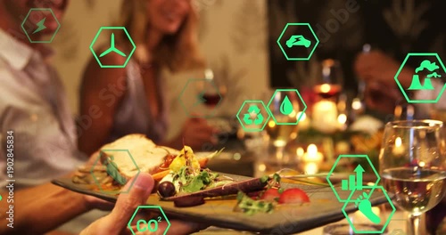 Serving board entering right, diners passing and plating bread while icons showing eco metrics