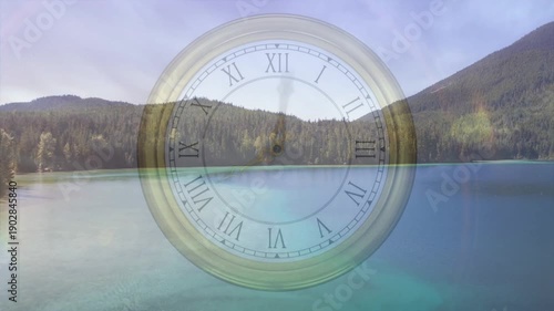 Antique clock staying center as moon rising drifting hues shifting faint shape fading showing time