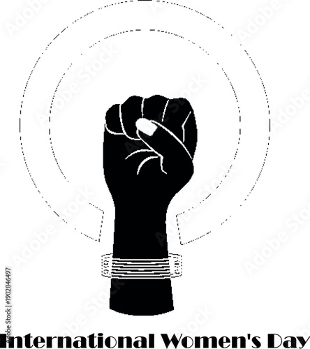 Black fist raised in solidarity on international womens day with broken chain