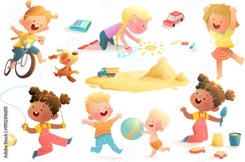 Happy children boys and girls playing in playground with toys. Fun illustration of little kids characters playing in the yard with sand toys and riding bicycle. Vector cartoon kids clipart collection