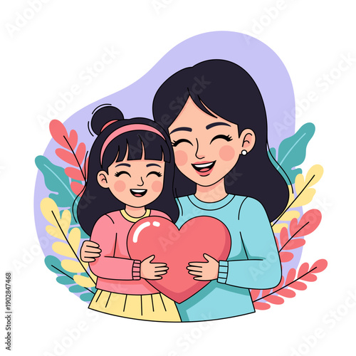 Cute cartoon illustration of a loving mother hugging her baby son and daughter in a happy family moment