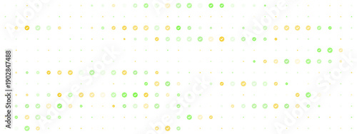 Abstract background pattern of green and yellow check mark icons on a white background representing success and verification