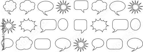 Comic speech bubbles thought dialogue shapes exclamation cloud jagged oval rectangular starburst communication illustration design graphic element flat vector